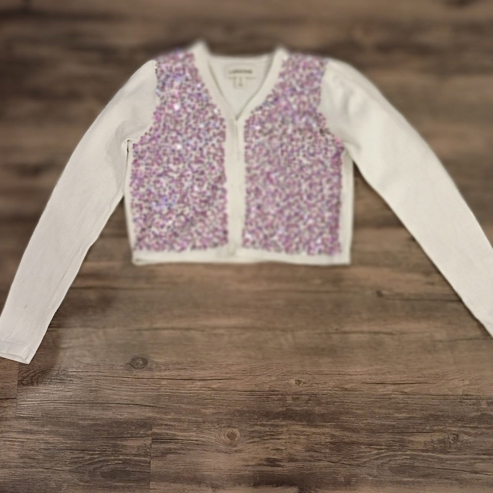 Lands' End Girls White Sequin Cropped Cardigan Sweater Purple Pink Size L 14